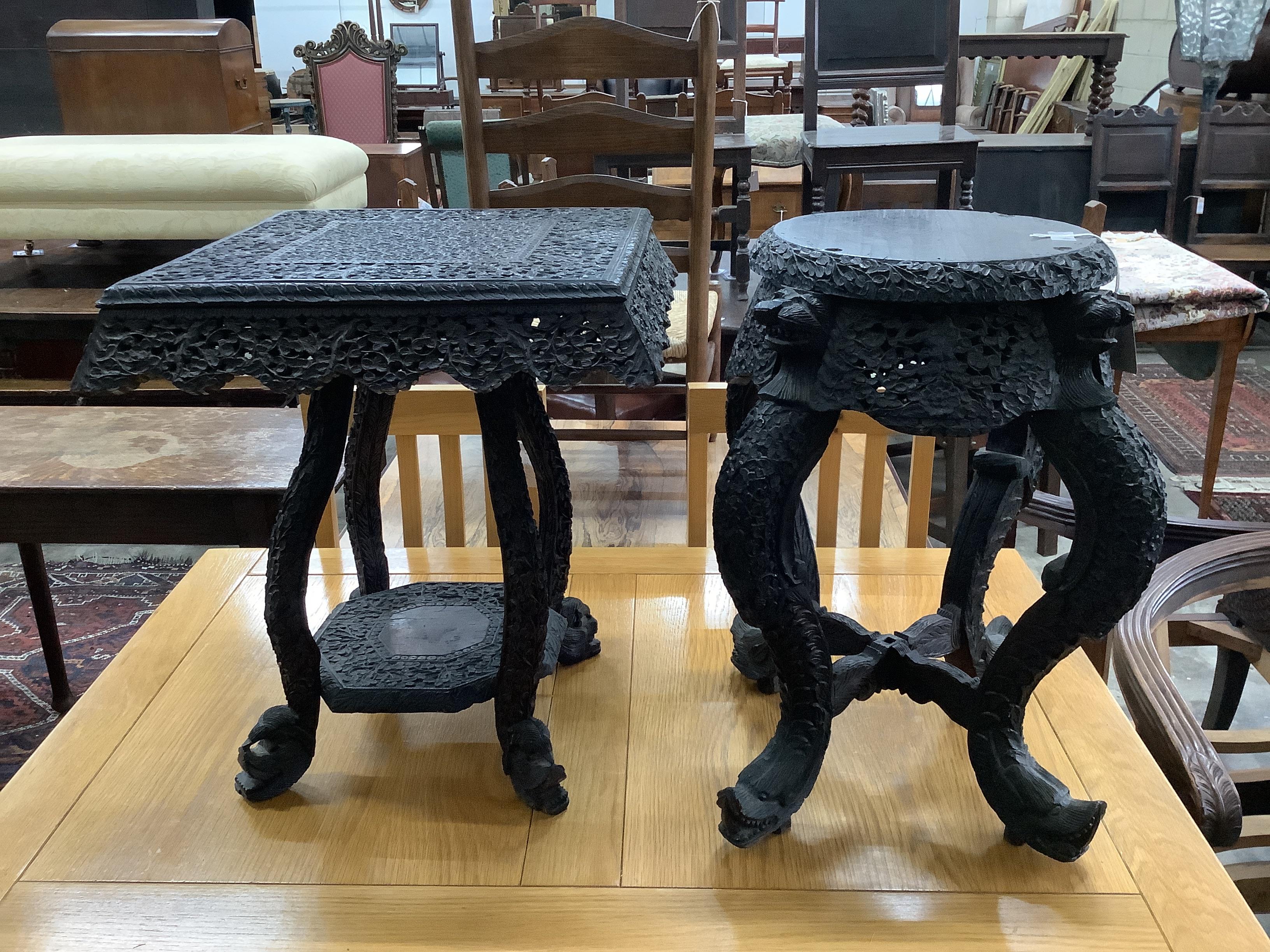 An Indian square hardwood occasional table, width 48cm, height 54cm, together with a similar jardiniere stand